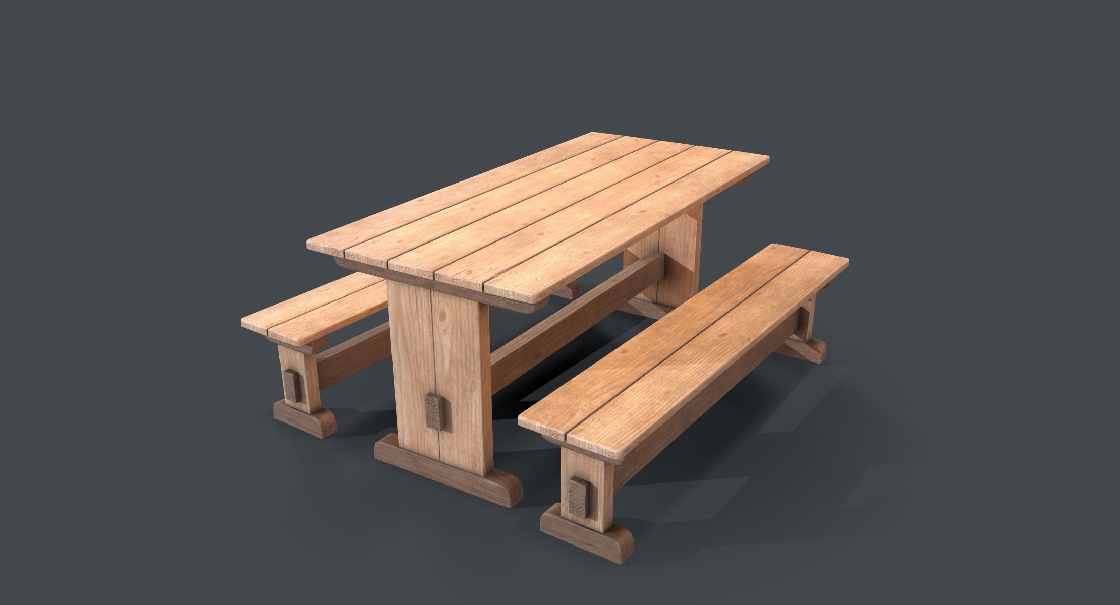Wooden Table and Bench Low-poly 3D model_1