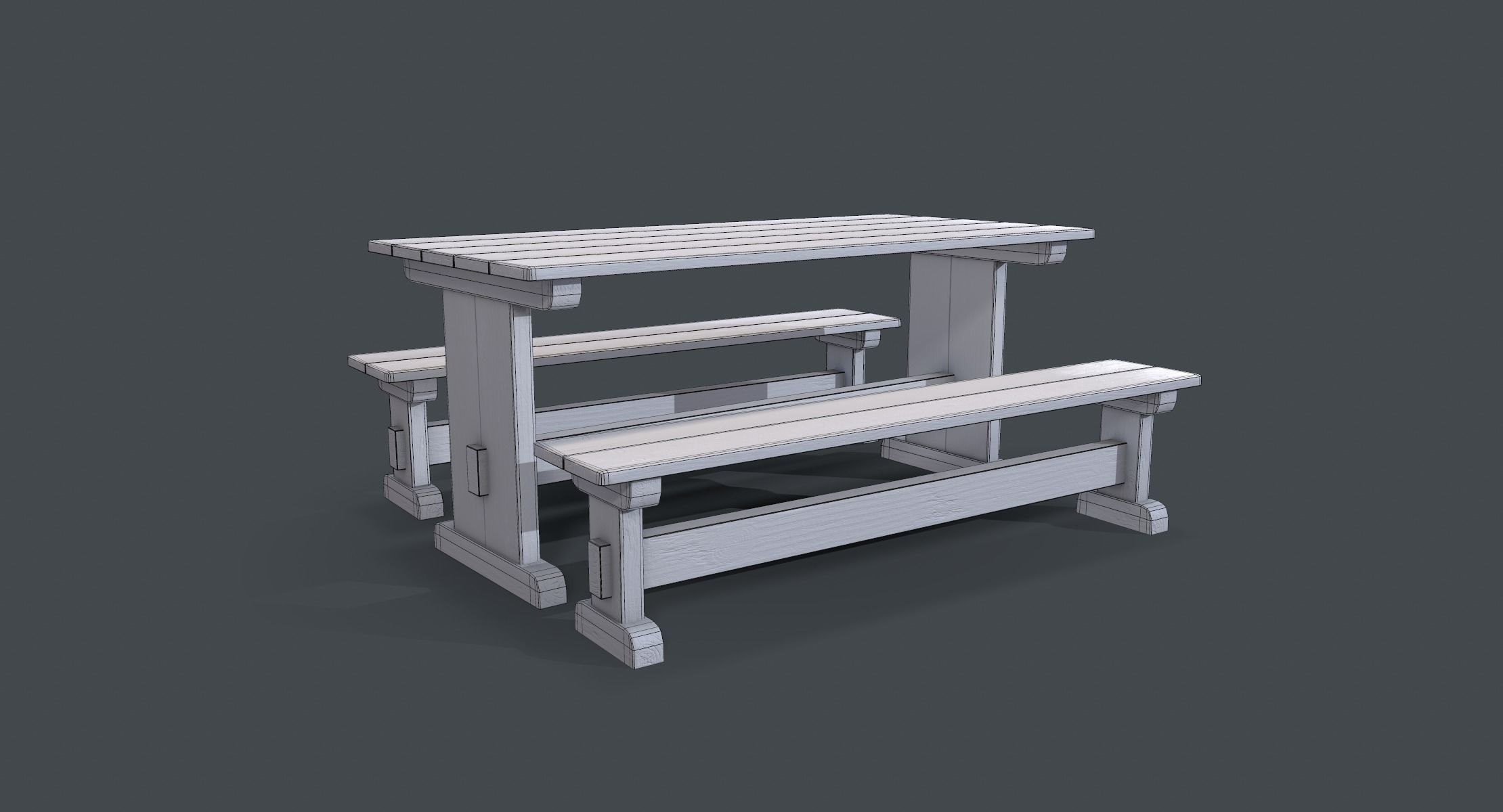 Wooden Table and Bench Low-poly 3D model_5