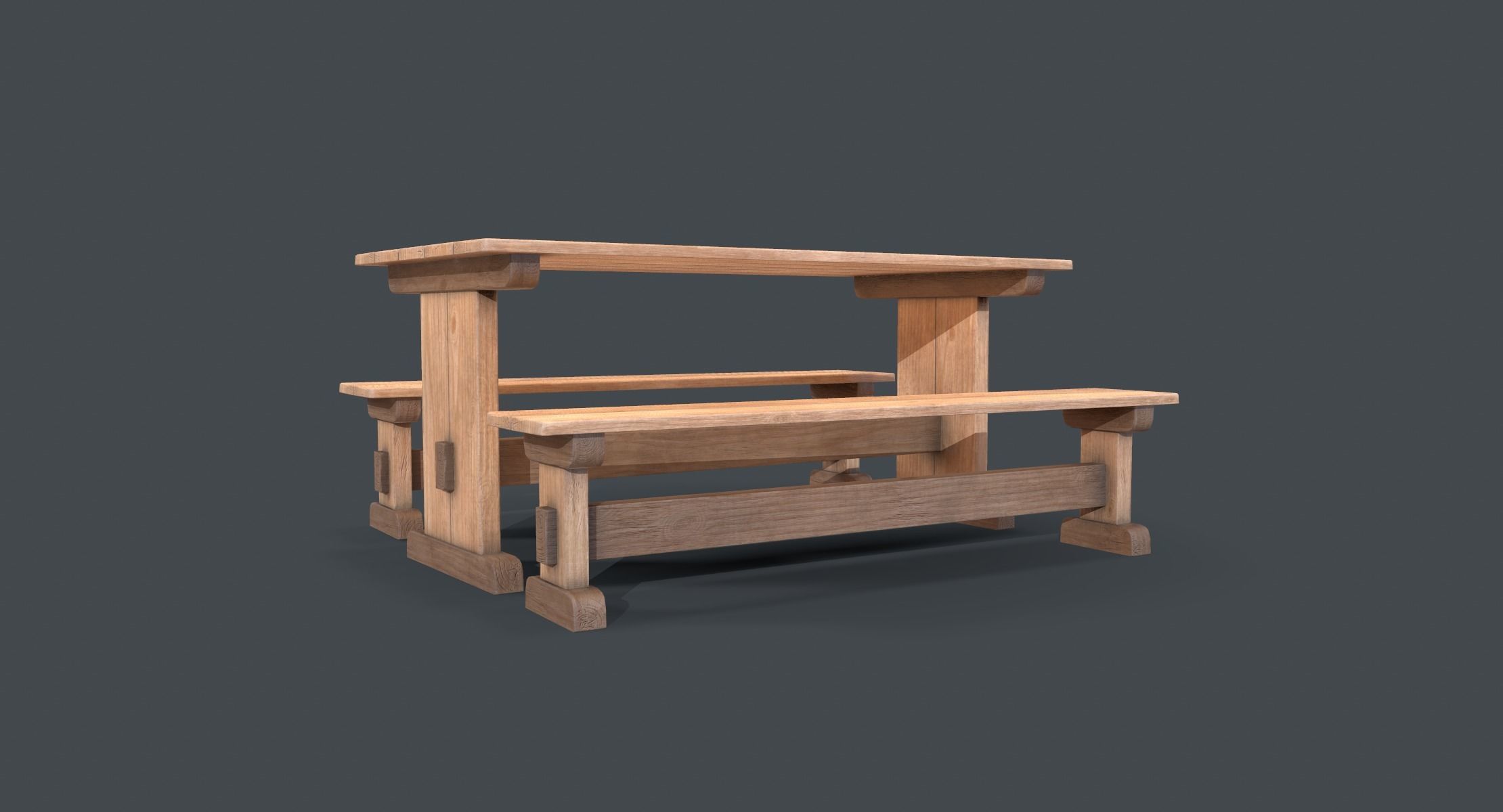 Wooden Table and Bench Low-poly 3D model_2