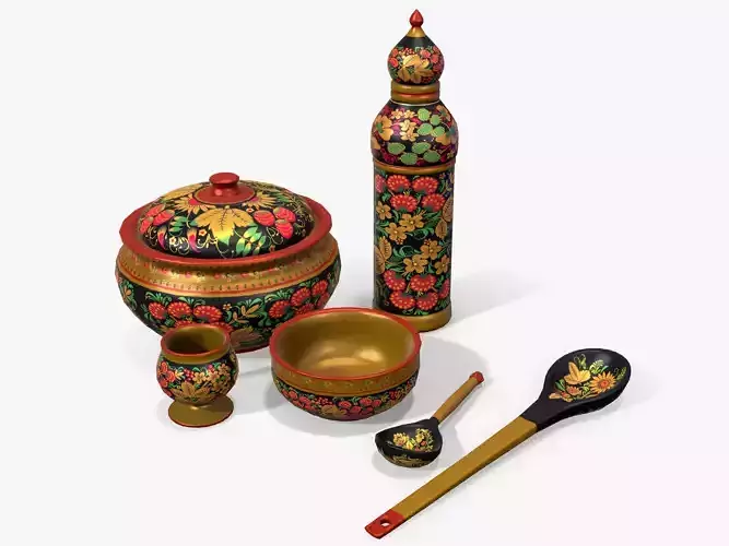 Hohloma Wooden Tableware Low-poly 3D model