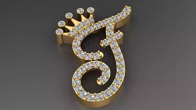 F Letter Crown Diamond Gold Alphabet Pendant