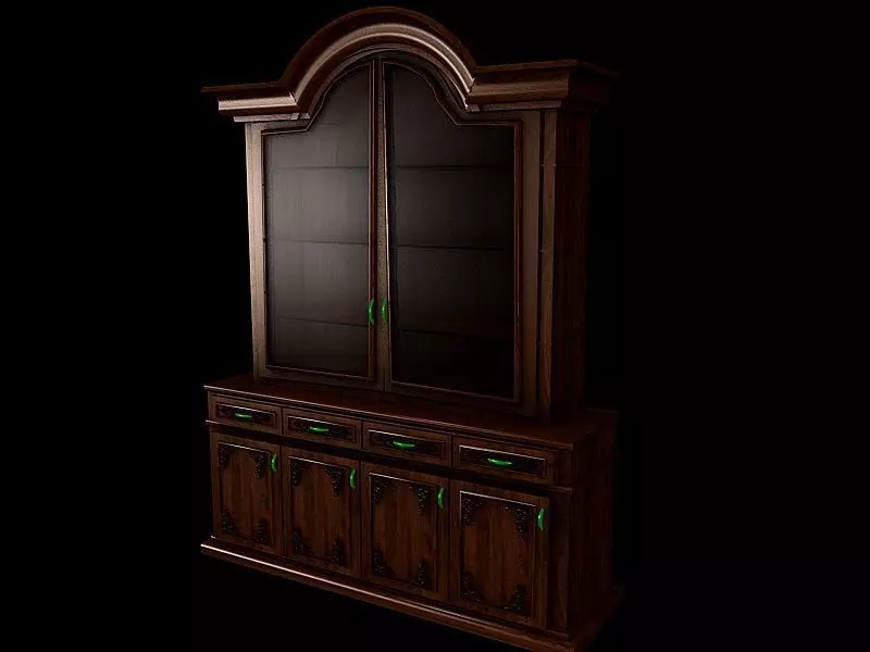 Buffet 2 wooden cabinet with glass doors 3D model_0
