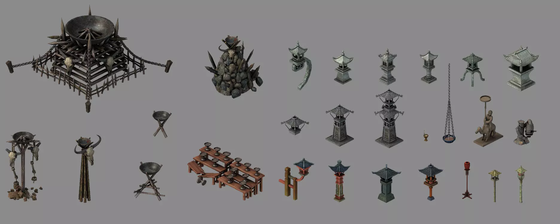 Game Architectural - stone lamp - brazier lamp 3D model_0