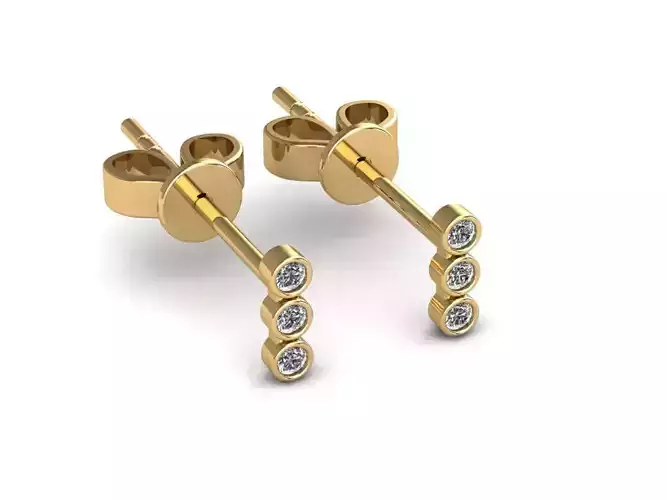 Earrings three diamond stud gold 3D print model