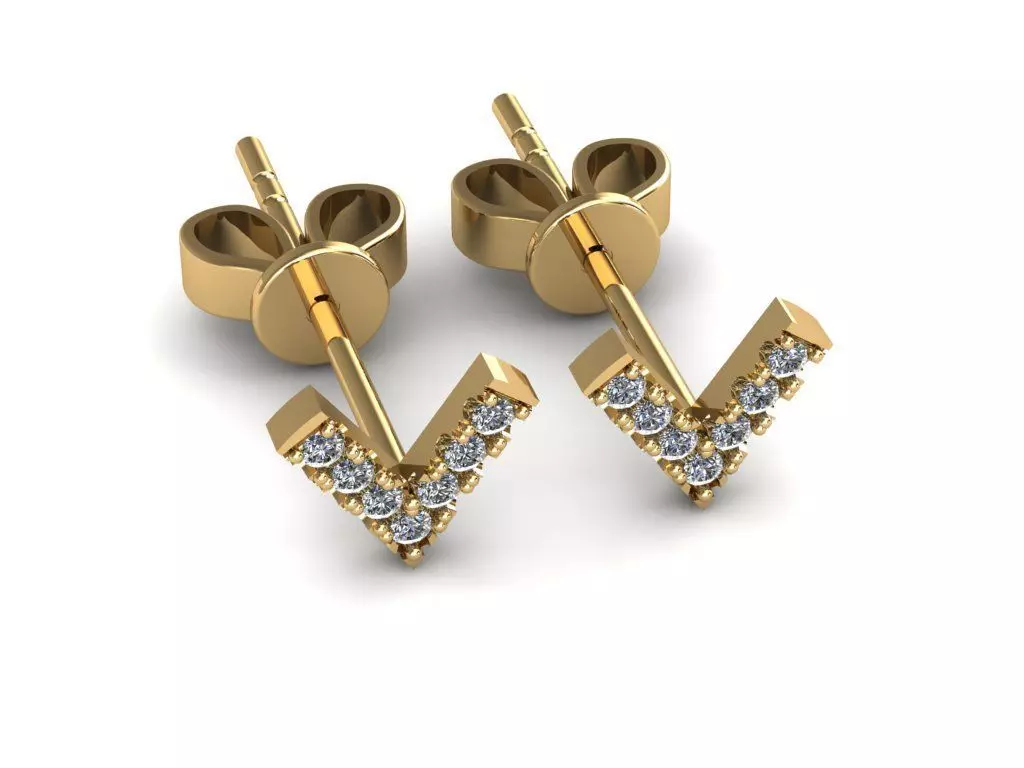 Earrings letter v diamond stud in gold 3D print model