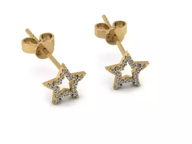 Earrings gold star stud with diamonds 3D print model
