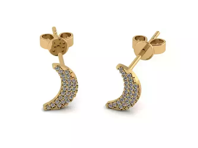 Earrings crescent stud gold with diamonds 3D print model