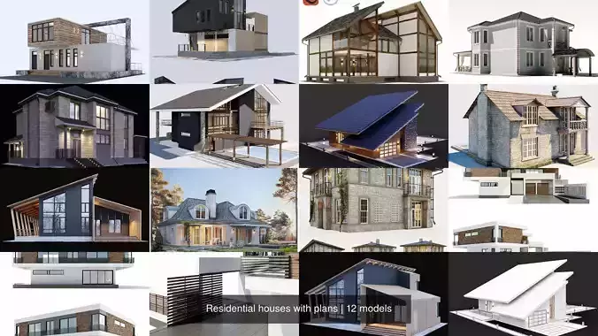 Residential houses with plans 3D Model Collection