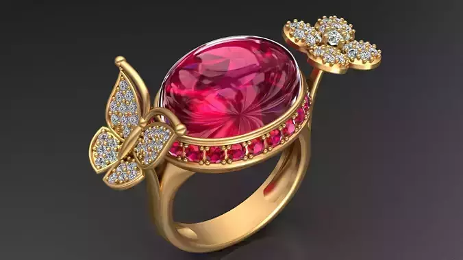 Butterfly and Flower Gold Diamond Ruby Ring
