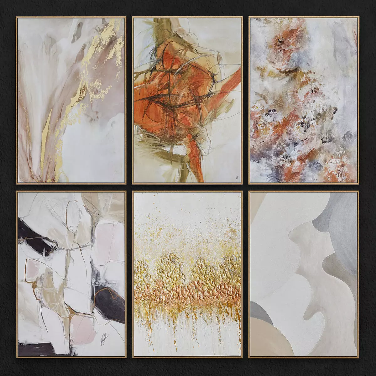 frames 3d model gold and abstract painting hanging on wall Low-poly 3D model_0