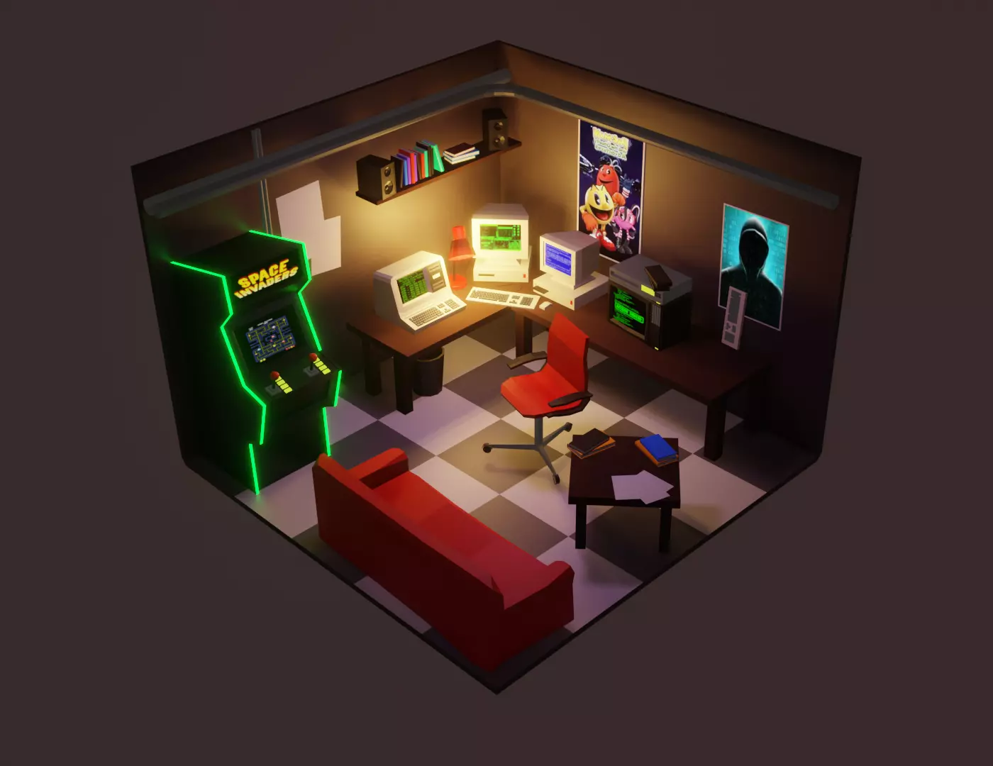 80s Hacker Room Low-poly 3D model_0
