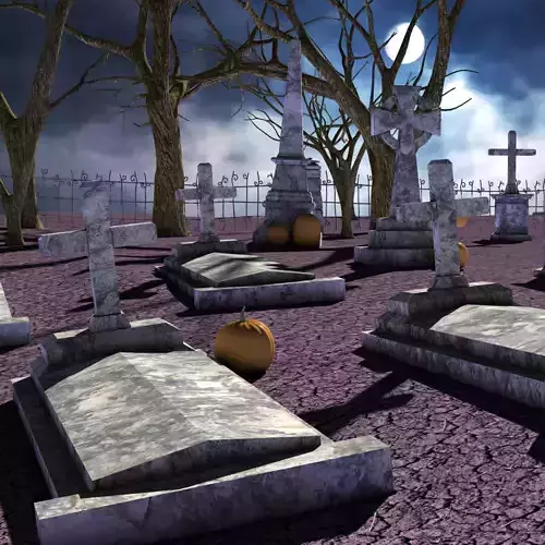 Cemetery with gravestones and pumpkins
