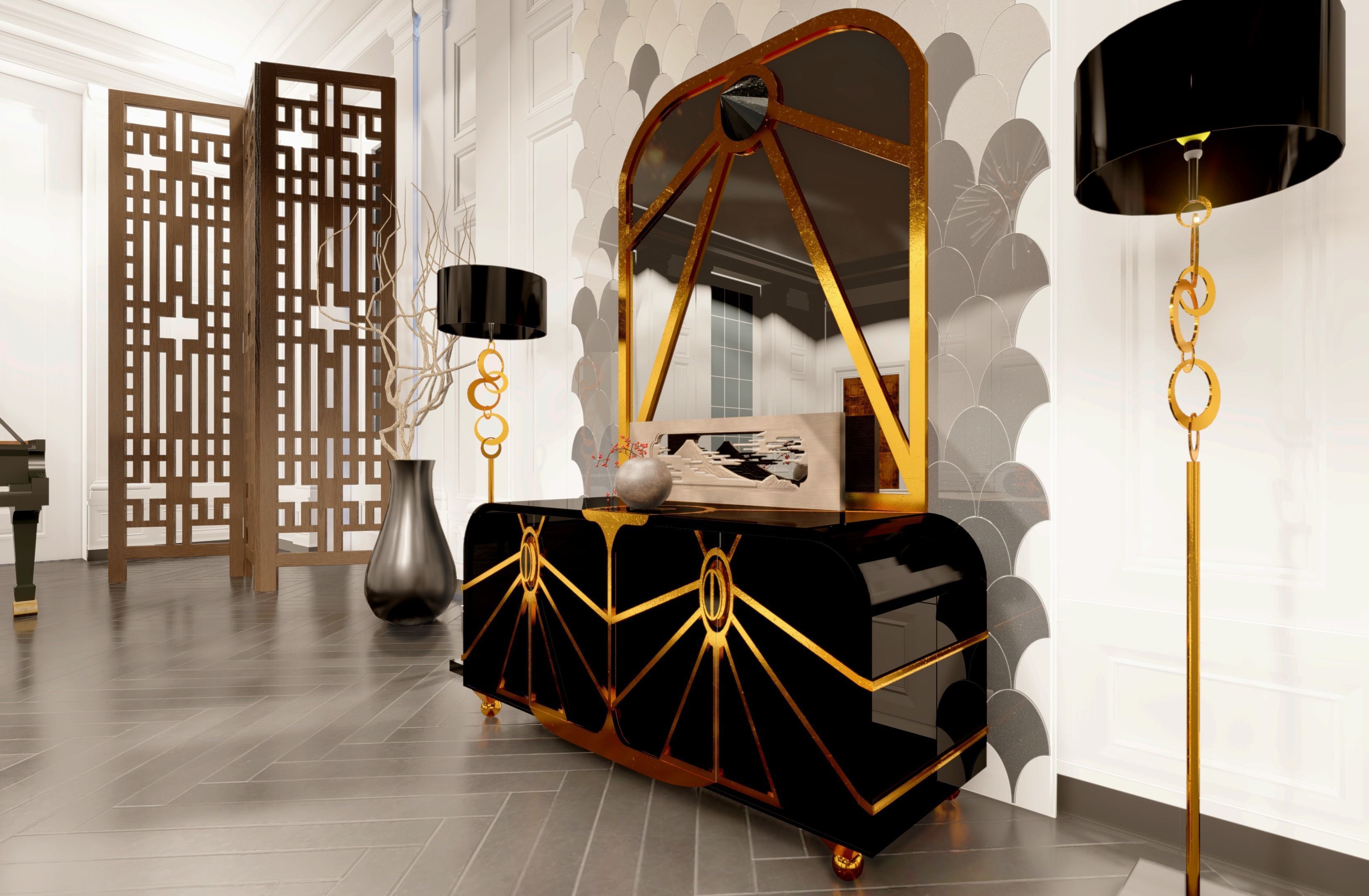 console dining room with gold furniture and piano 3D model_1