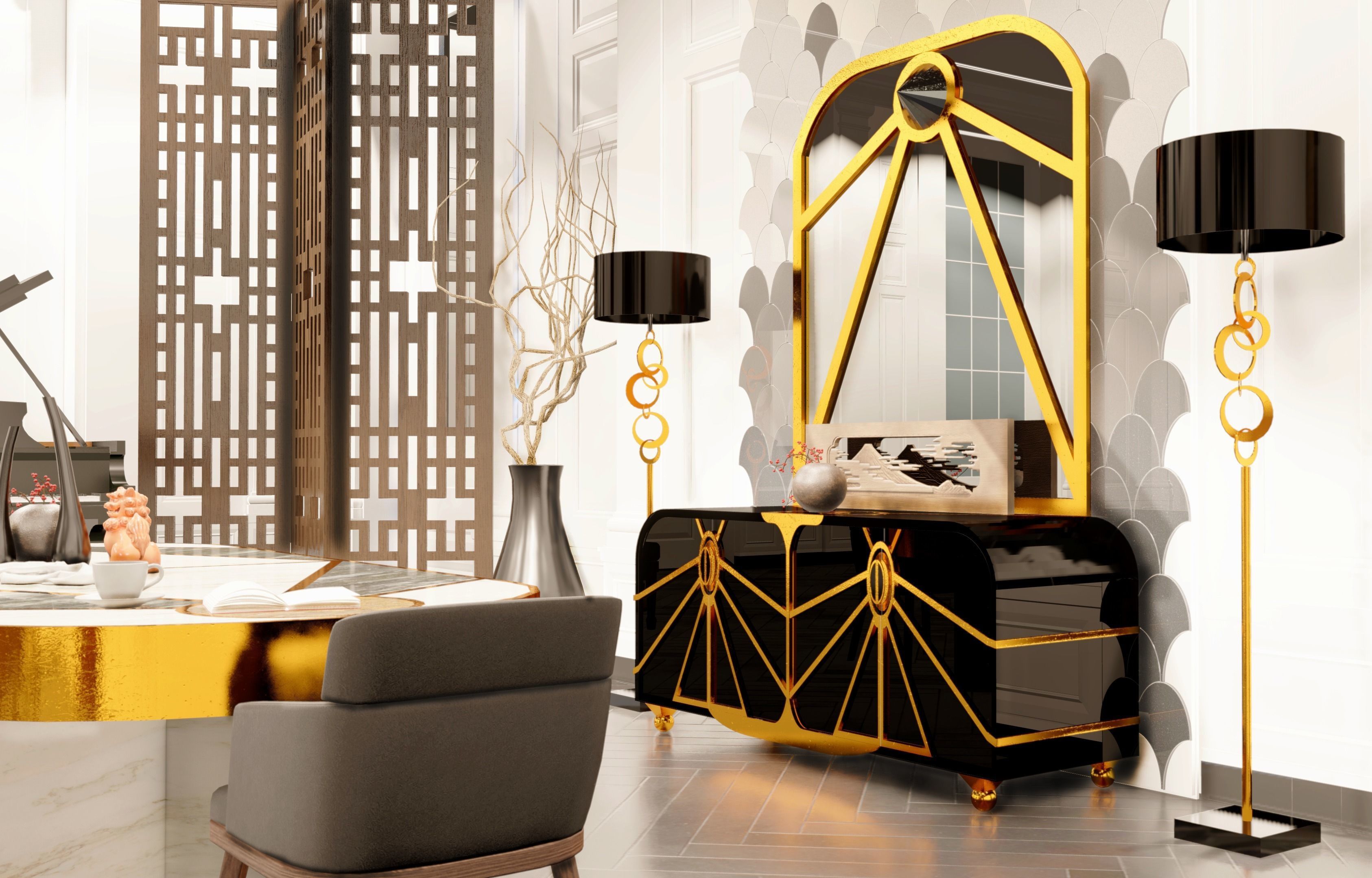 console dining room with gold furniture and piano 3D model_2