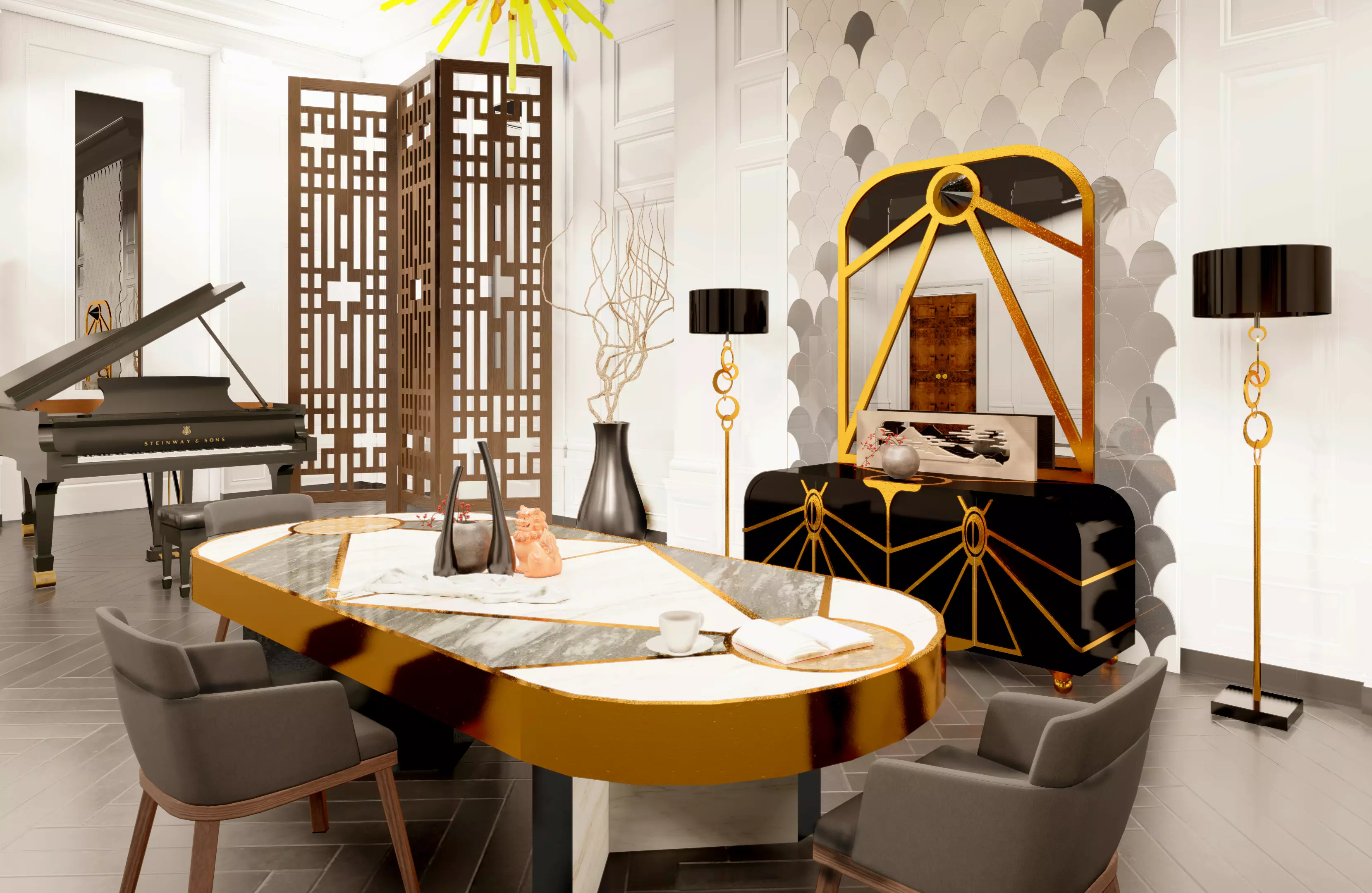 console dining room with gold furniture and piano 3D model_0