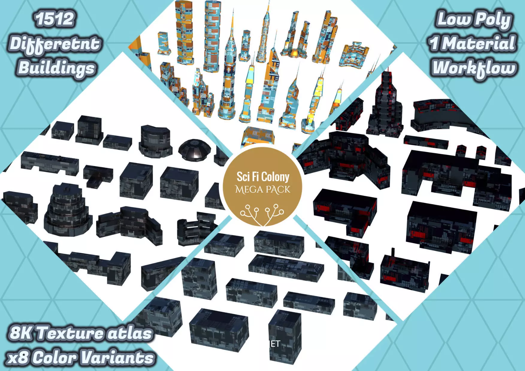 Sci Fi Space Colony Pack Modular 8k PBR 1512 Buildings Low-poly 3D model_0