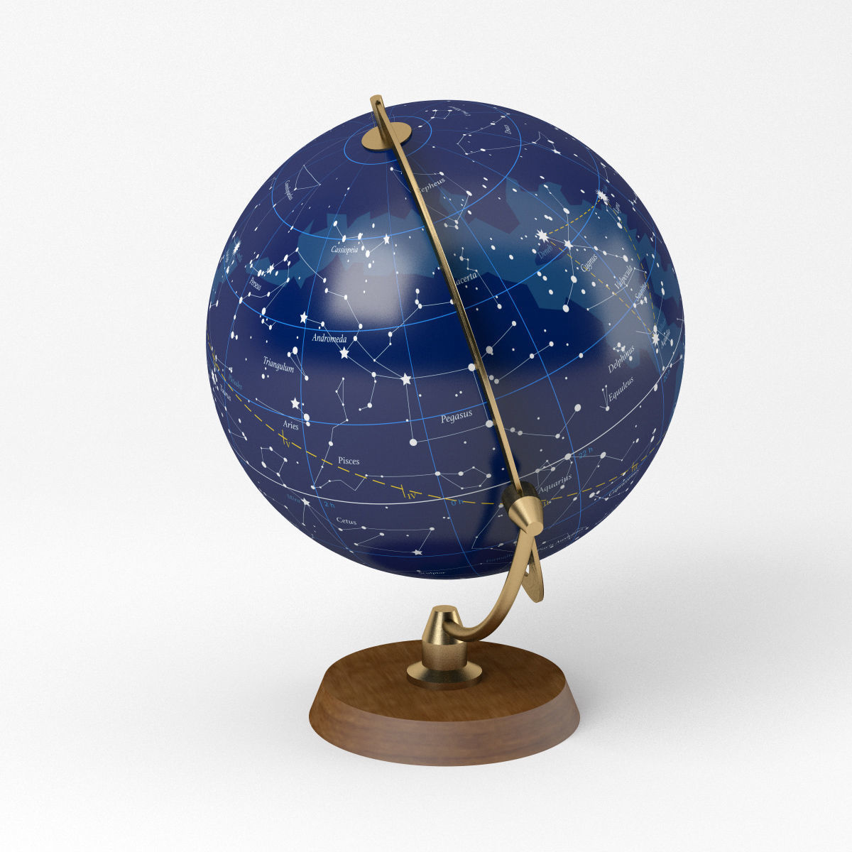 Celestial Globe with Wooden Stand and Brass Elements - Star Map Low-poly 3D model_2