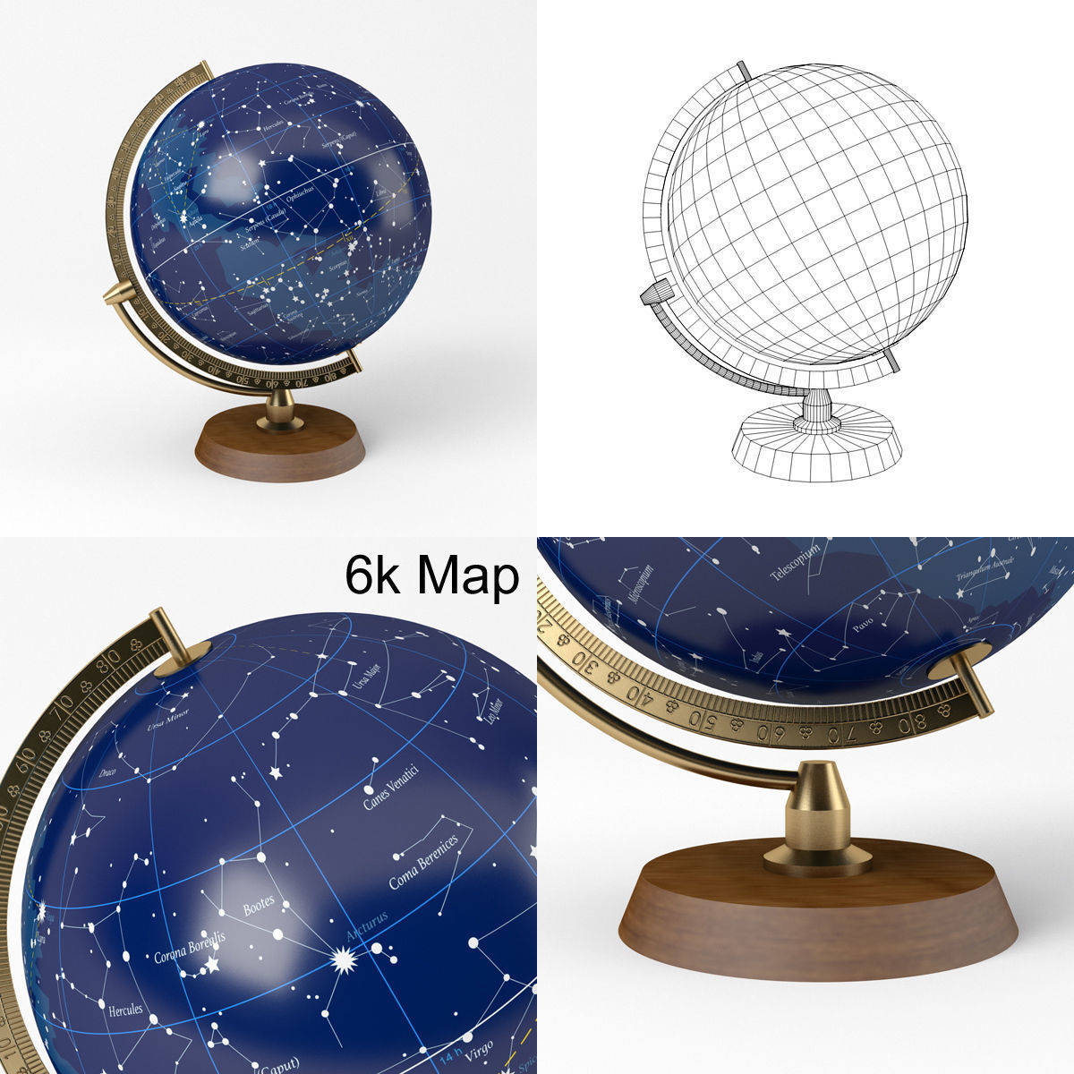 Celestial Globe with Wooden Stand and Brass Elements - Star Map Low-poly  3D model