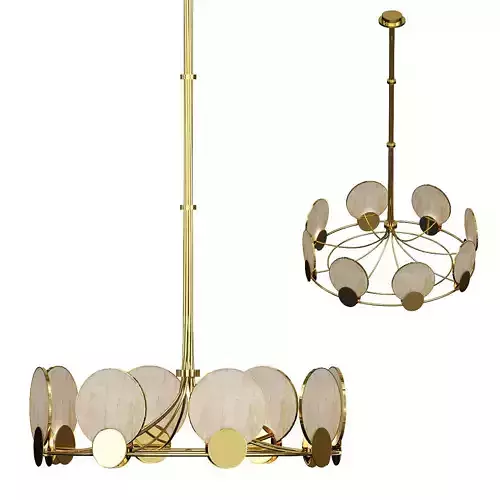 PETRA gold chandelier with two round circles hanging from it