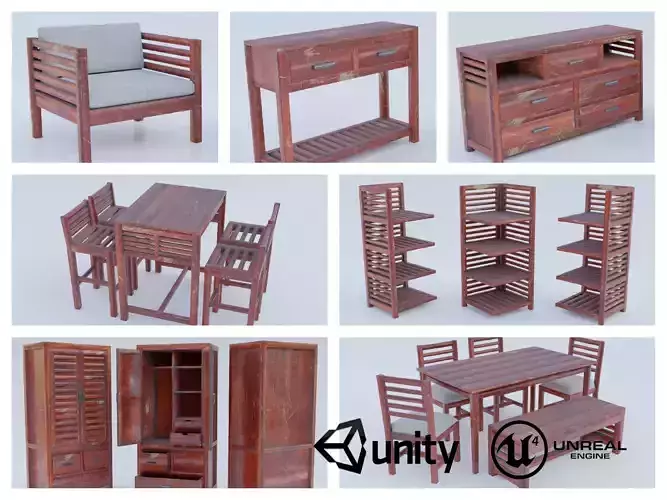 Wood Red Worn Furniture Set