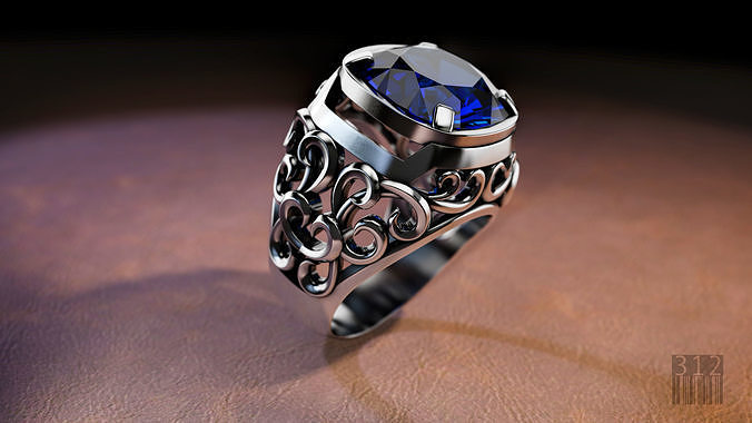 ring with large stone and patterns 3D print model
