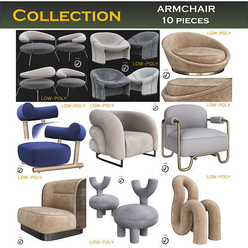 Armchair collection 3d model chair with wooden legs Low-poly 3D model