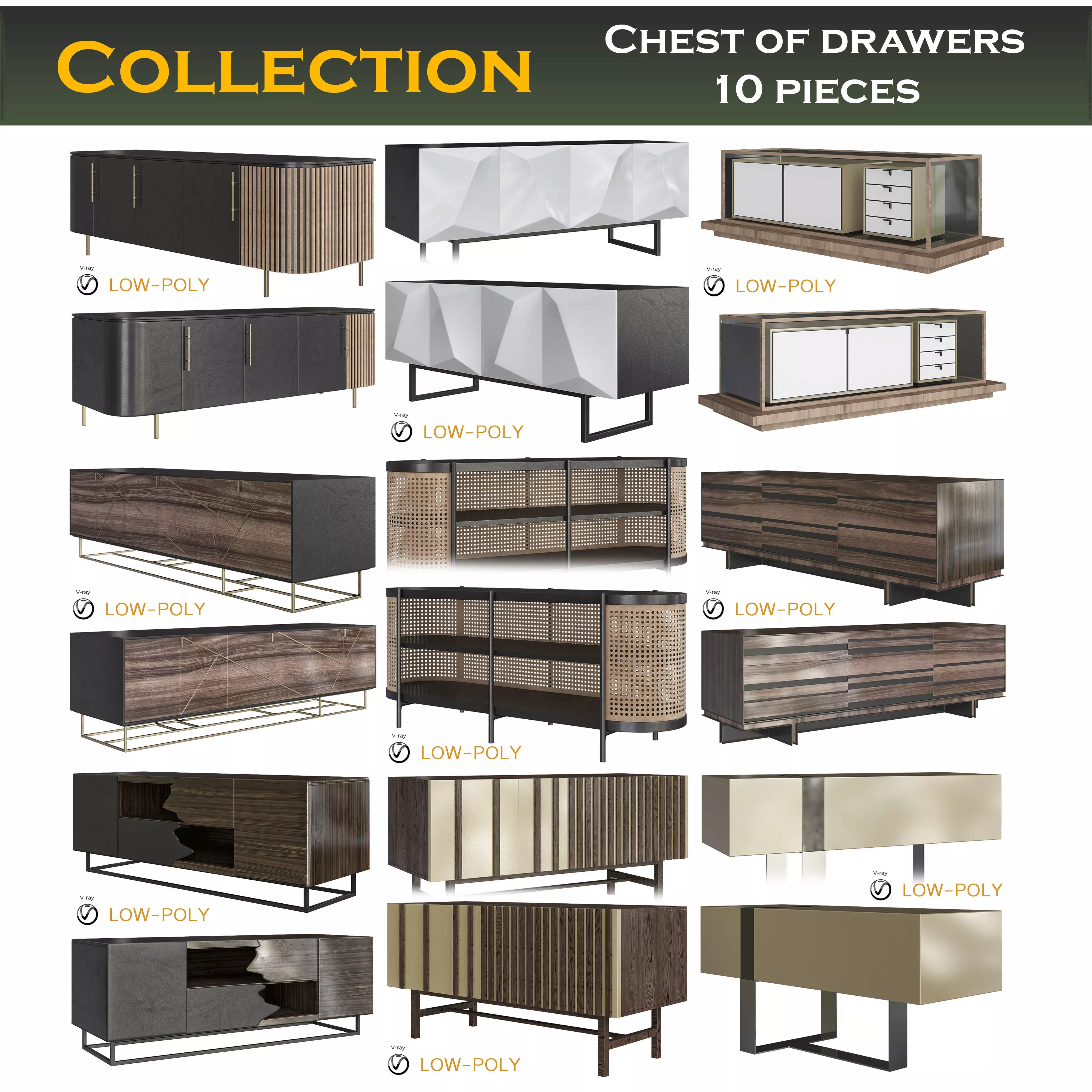 Chest of drawers collection 3d model Low-poly 3D model