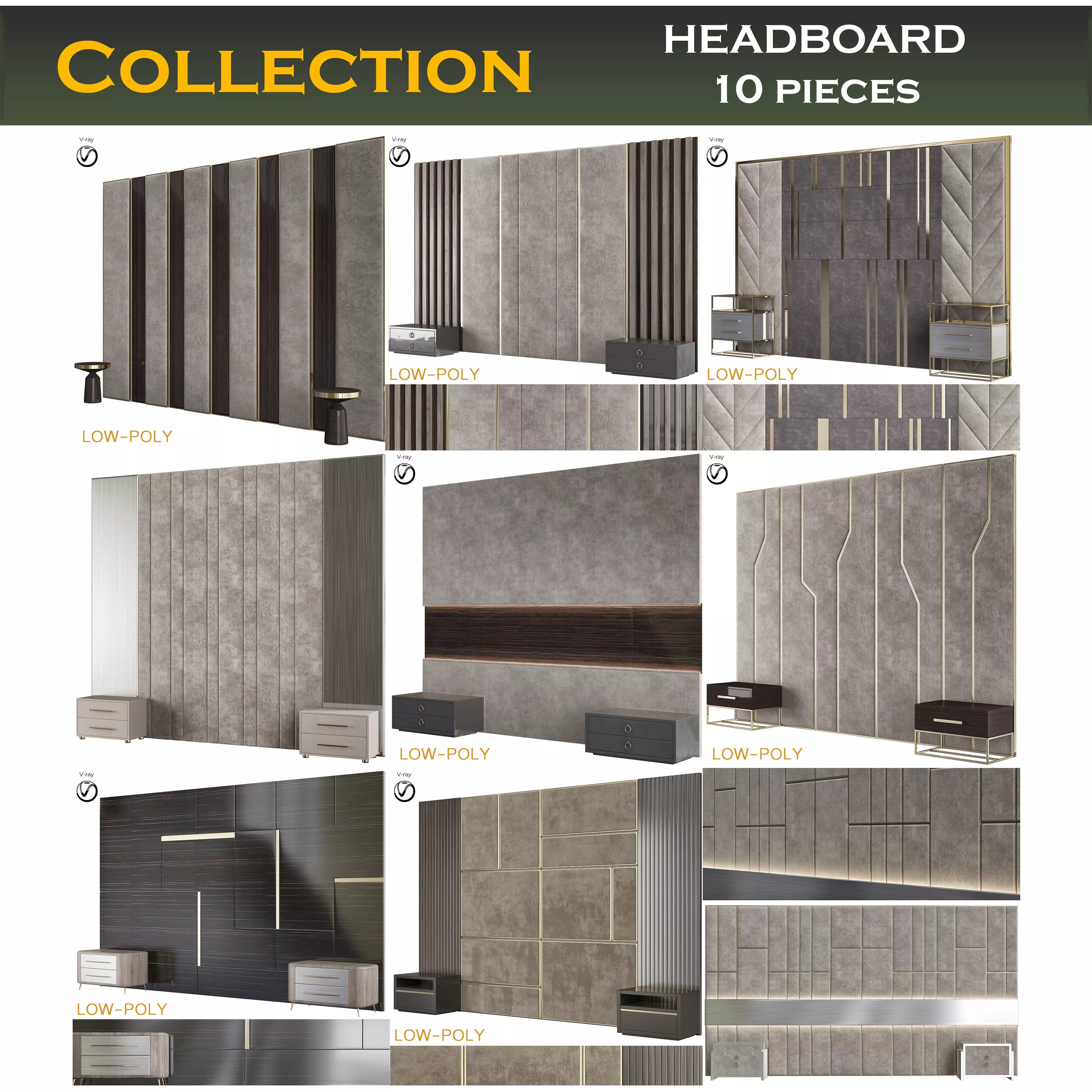 HEADBOARD collection 3d model low - poly wall panel Low-poly 3D model_0