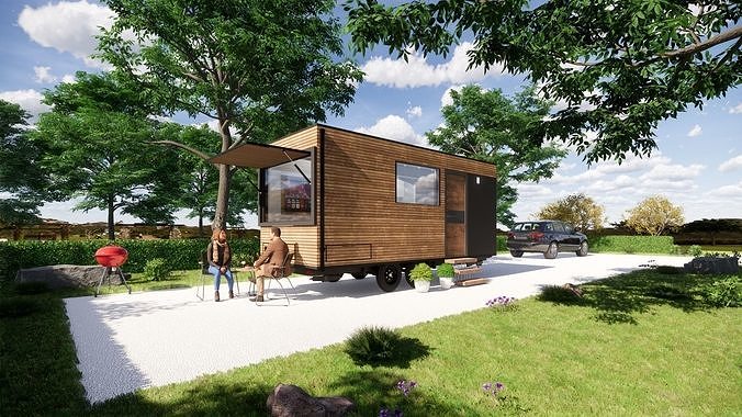 off grid house on wheels mobile home tiny house  vacation house  Low-poly 3D model