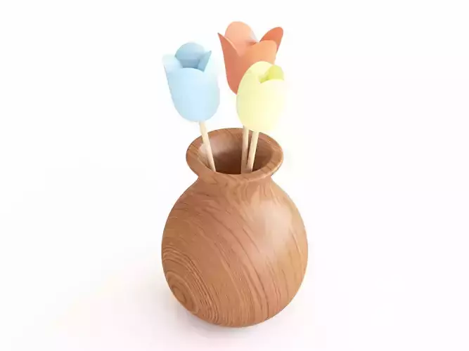 Tulips three in wooden vase