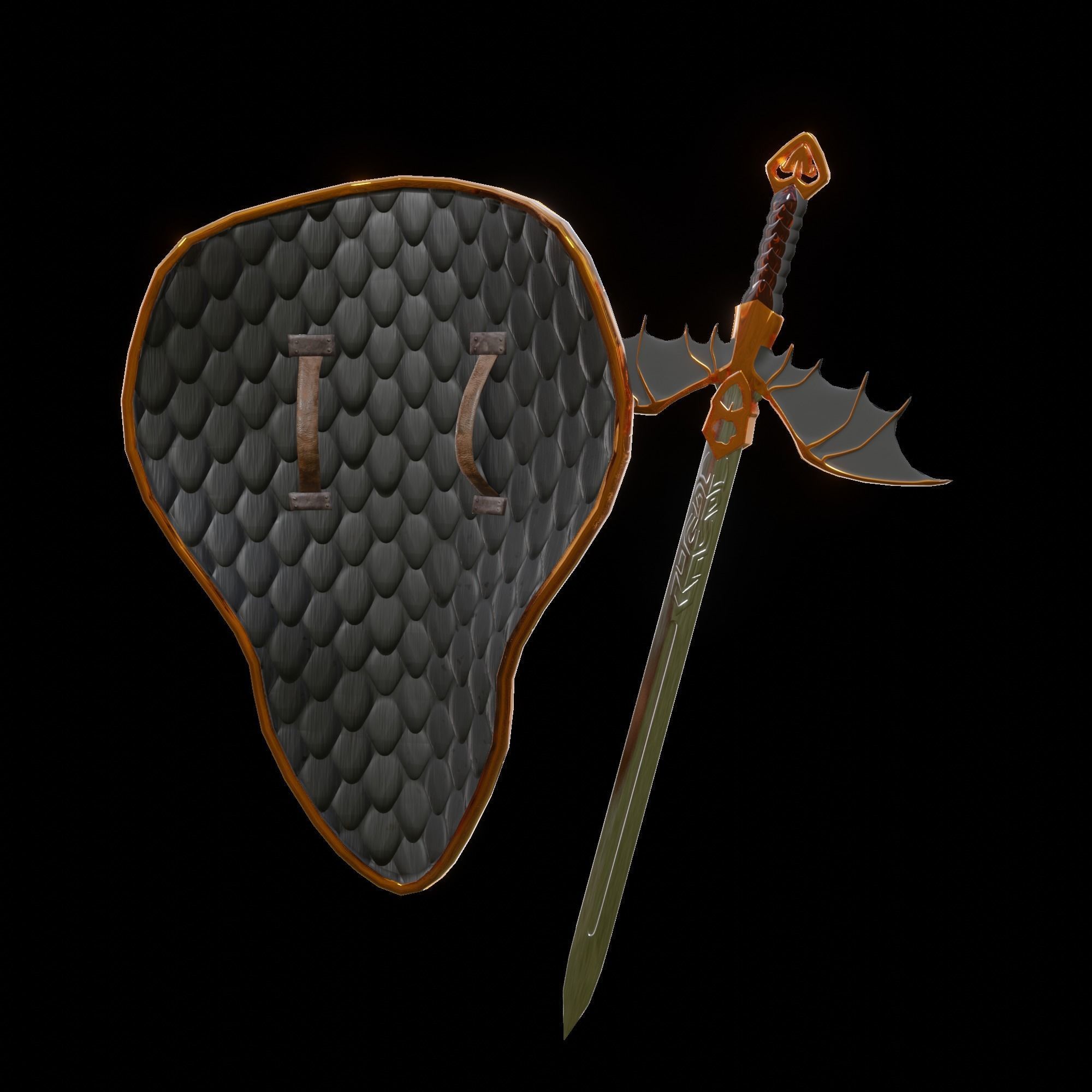 Shield and sword  Low-poly 3D model_1