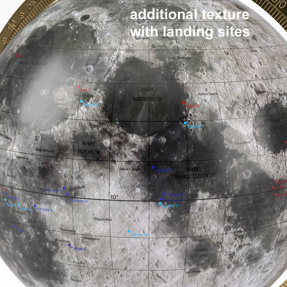 Lunar Globe with Wooden Stand and Brass Elements - Moon Map Low-poly 3D model_4