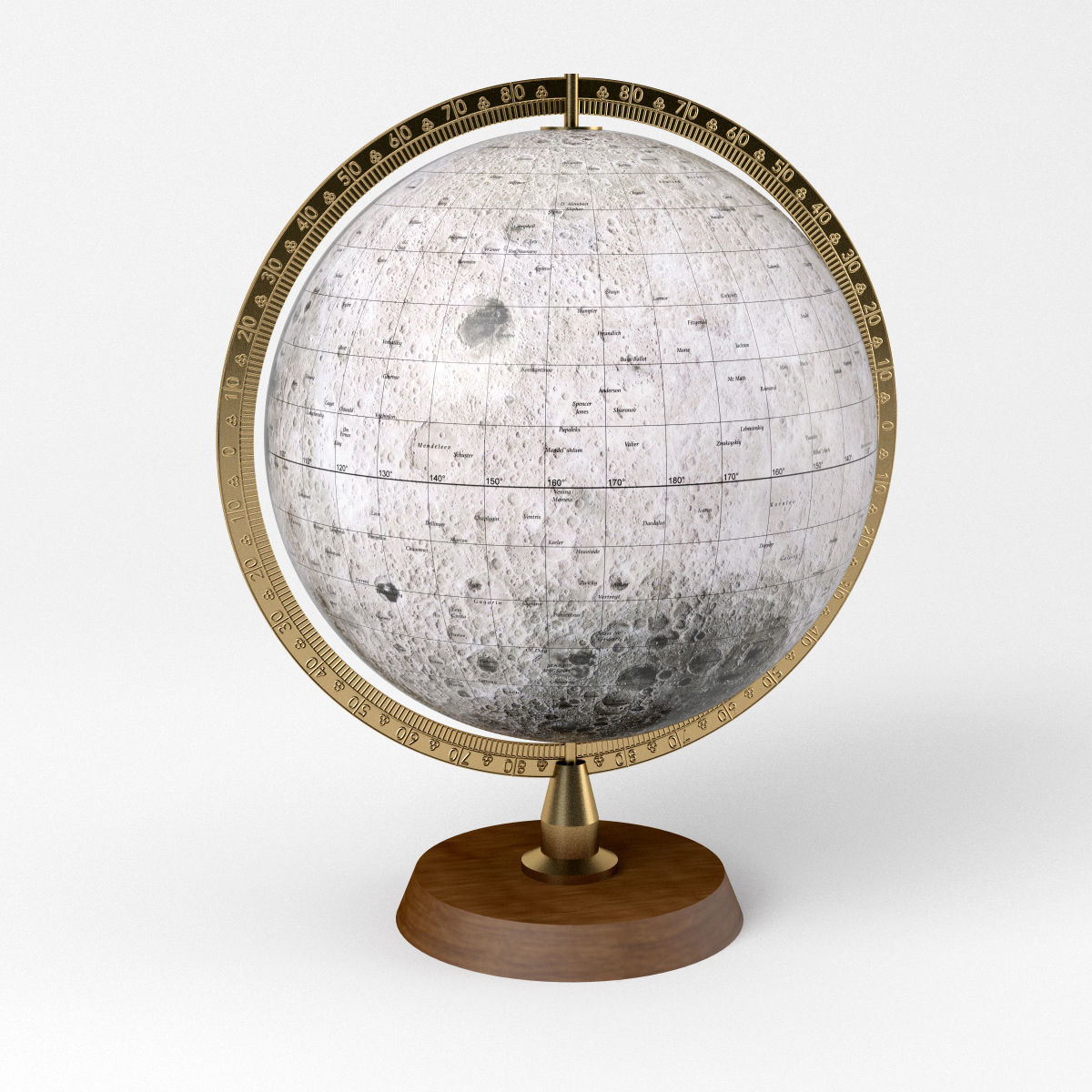 Lunar Globe with Wooden Stand and Brass Elements - Moon Map Low-poly 3D model_6