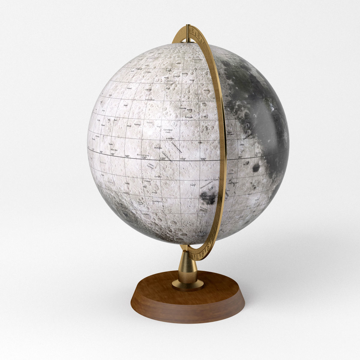 Lunar Globe with Wooden Stand and Brass Elements - Moon Map Low-poly 3D model_2