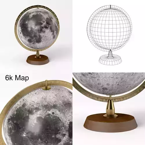 Lunar Globe with Wooden Stand and Brass Elements - Moon Map Low-poly 3D model