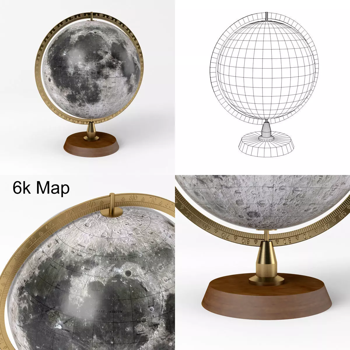 Lunar Globe with Wooden Stand and Brass Elements - Moon Map Low-poly 3D model_0