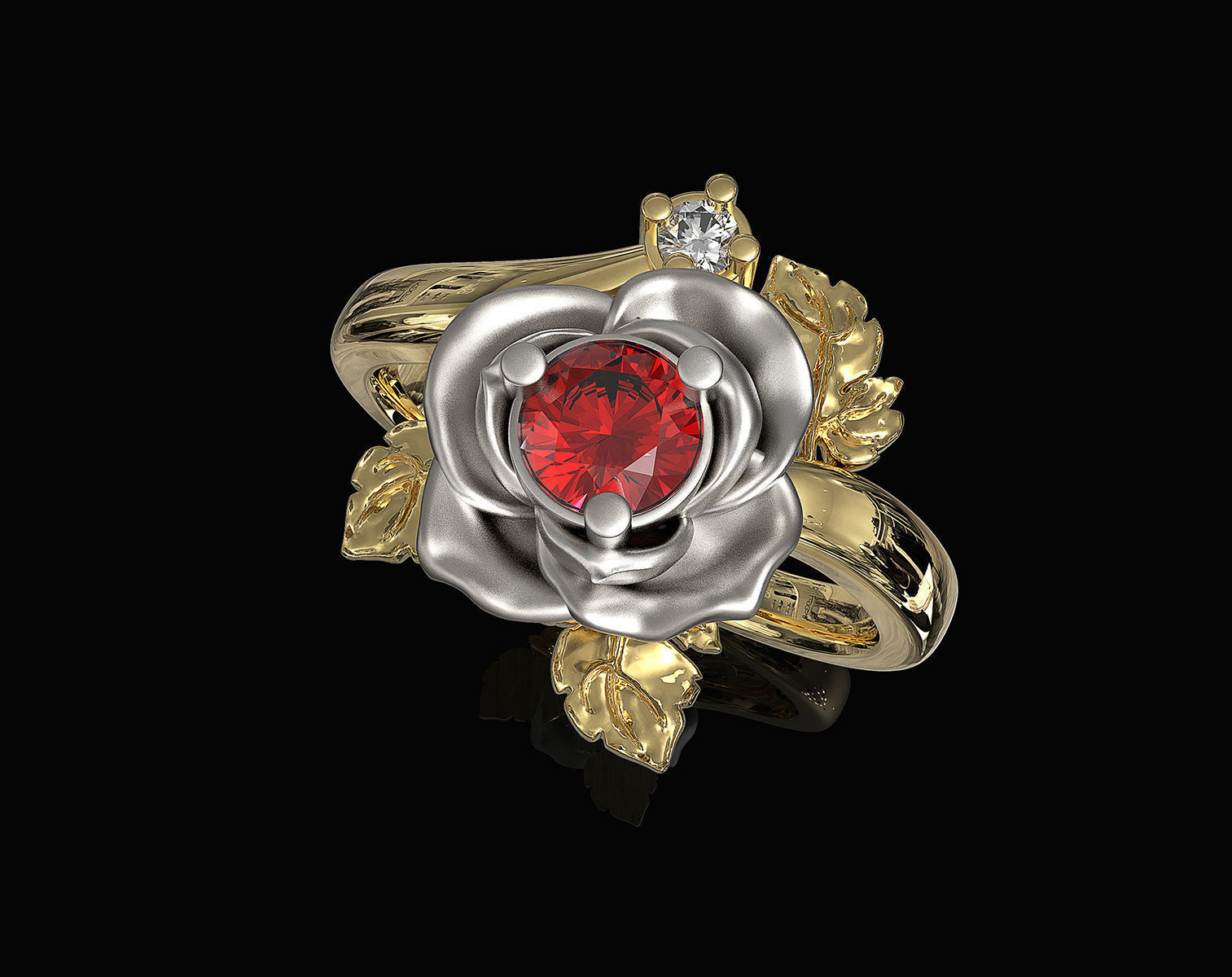 Rose with leaves Ring 3D print model_2