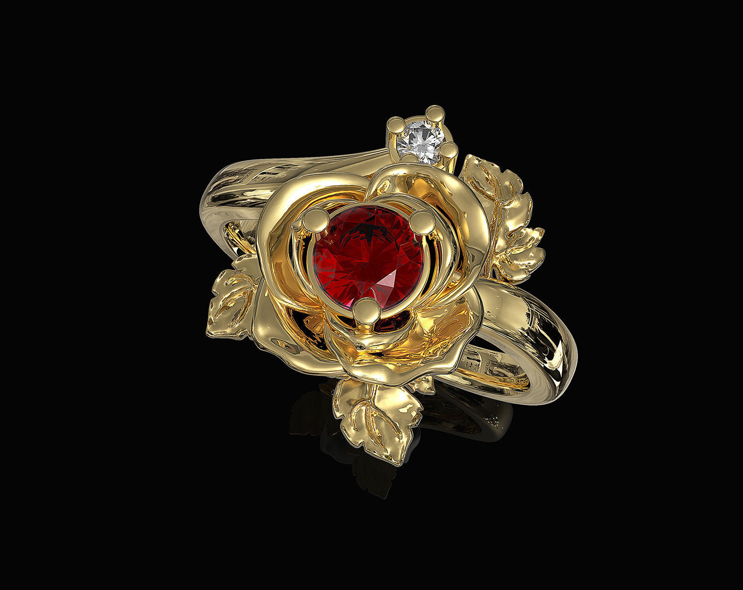 Rose with leaves Ring 3D print model_1