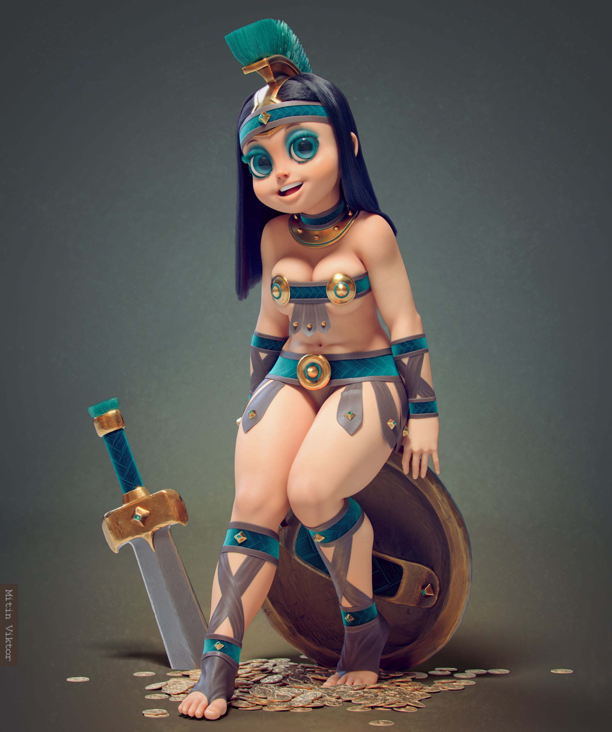 Gladiator cartoon Anime Girl Low-poly 3D model_1