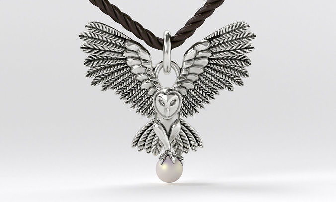blackened silver owl pendant with 4mm pearl 3D print model