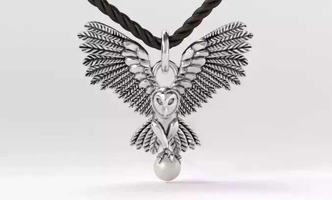 blackened silver owl pendant with 4mm pearl