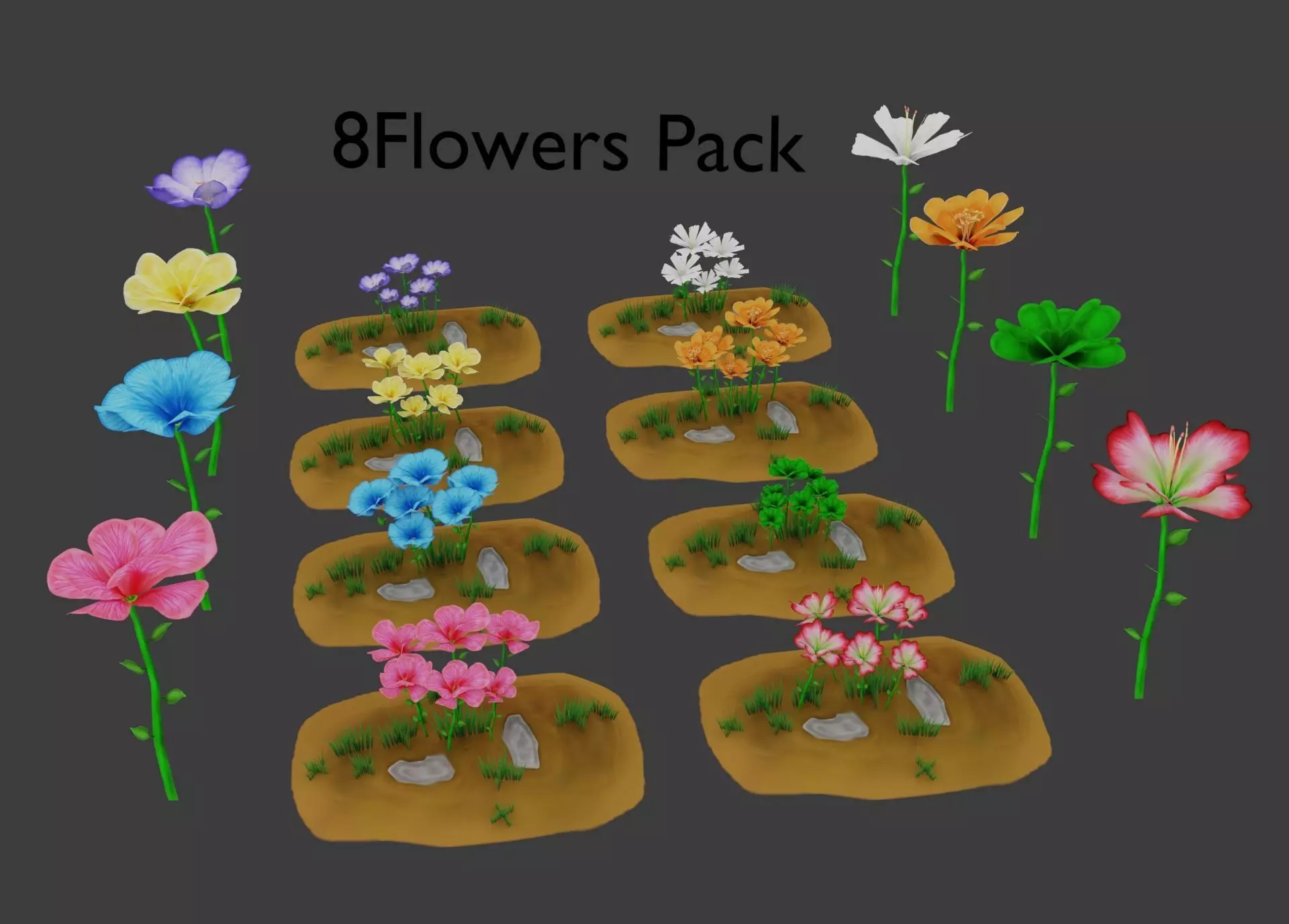 8 Stylized Flowers pack Low-poly 3D model_0