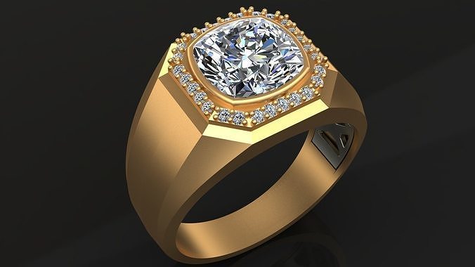 Diamond Cushion Gold Signet Man Ring 3D print model