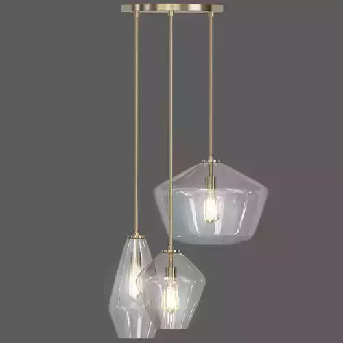 Sculptural three glass pendant lights hanging from gold chain