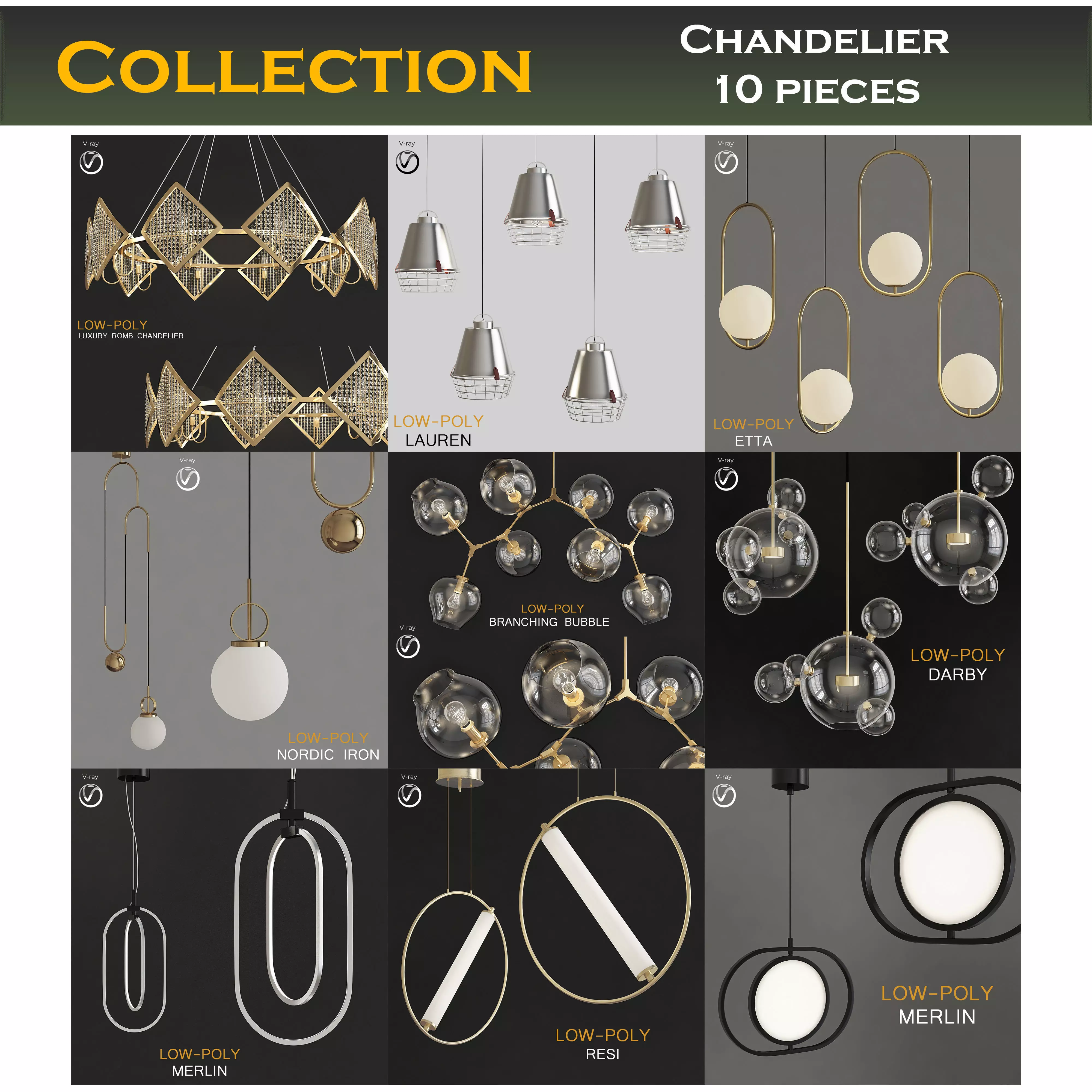 Chandelier collection 3d model pieces Low-poly 3D model_0