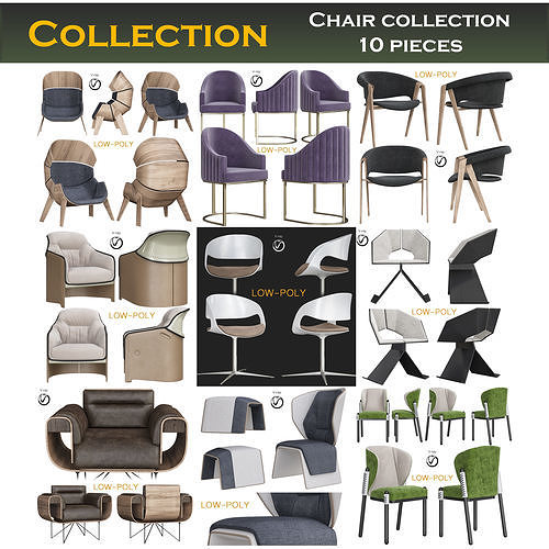 Chair collection 3d model three different chairs Low-poly 3D model