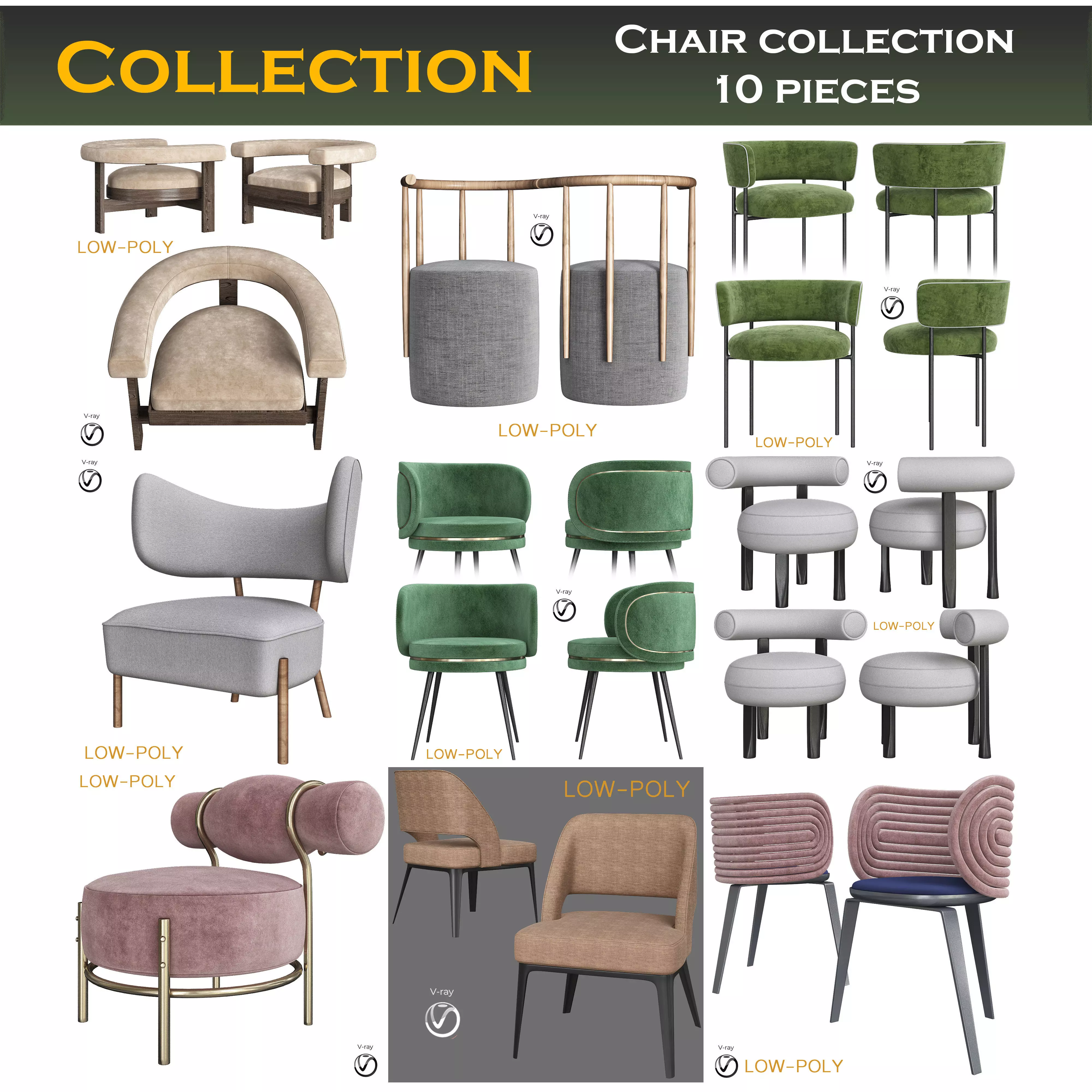 Chair collection 3d model low - poly Low-poly 3D model_0