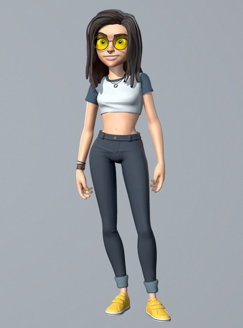 Cartoon girl character Low-poly 3D model_2