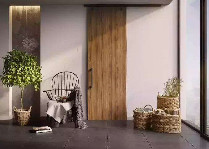 Stillness room with wooden door and chair