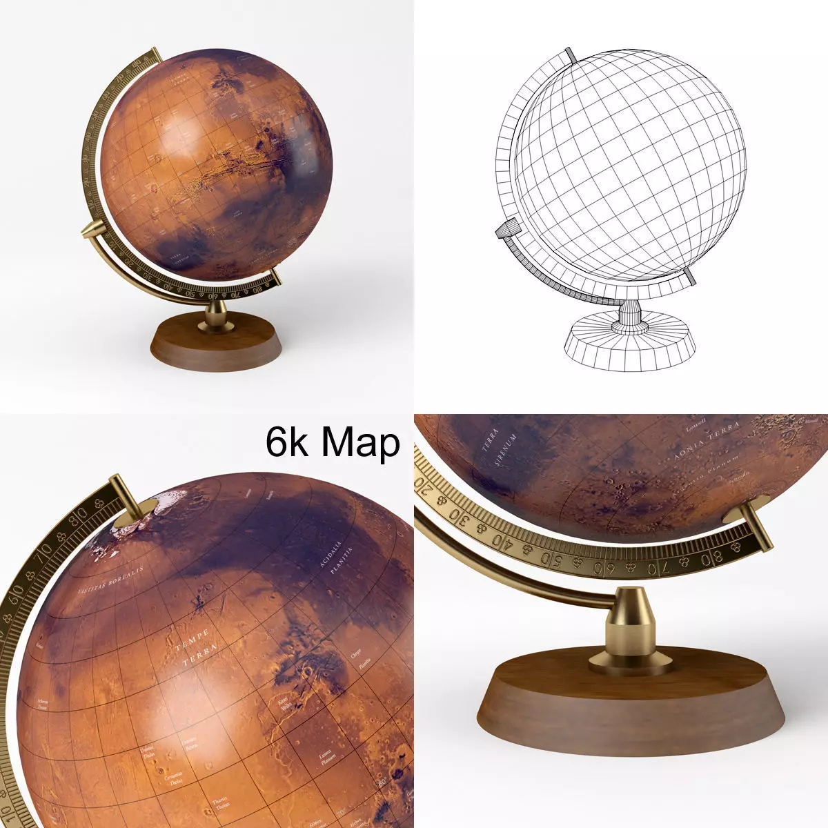 Mars Globe with Wooden Stand and Brass Elements - Martian Map Low-poly 3D model